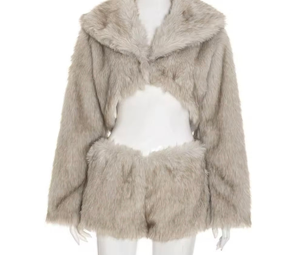 Women Sexy Fashion Faux Fur Crop Two Piece Short Set