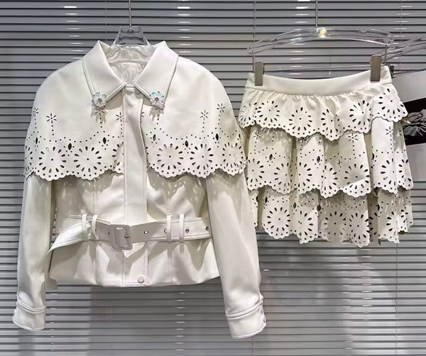 Women Fashion Ruffled Faux Leather Jacket Two Piece Skirt Set