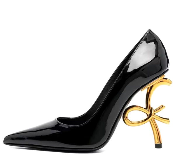 Women Pointed Toe Suede/Patent Leather Gold Heel Pumps