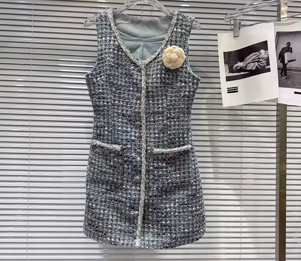 Women Button Up Sleeveless Floral Tweed Dress