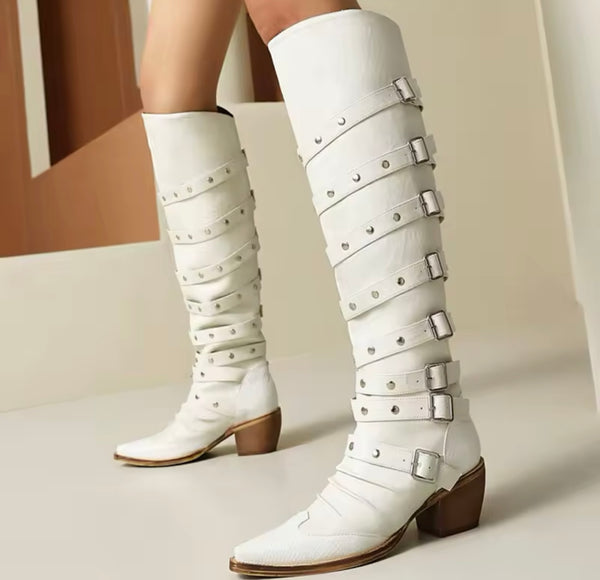 Women Fashion Color Buckled Knee High Western Boots