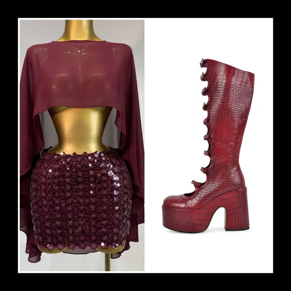 Women Round Toe Buckled Platform Knee High Boots