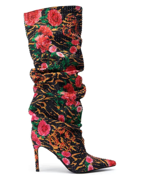 Women Fashion Multicolored Floral Ruched High Heel Boots