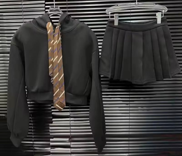 Women Striped Tie Hooded Sweater Two Piece Pleated Skirt Set