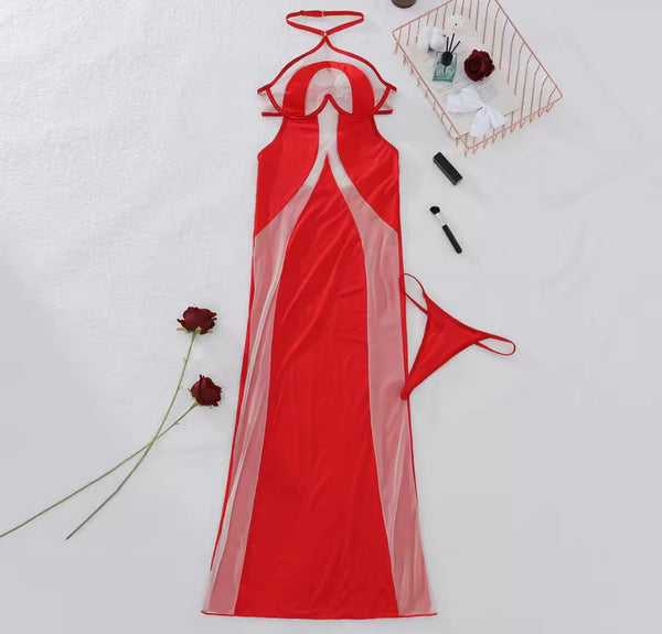 Women Red Mesh Patchwork Sexy Nightgown Lingerie Set