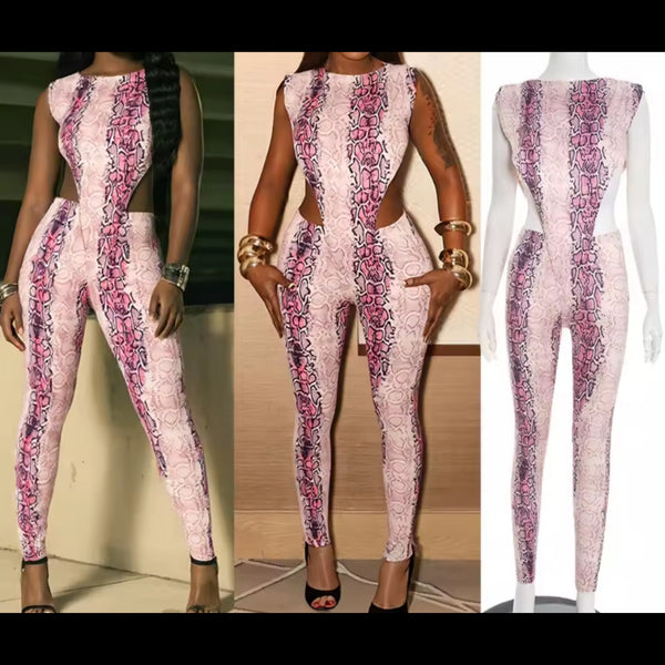 Women Sexy Sleeveless Pink Serpentine Two Piece Pant Set