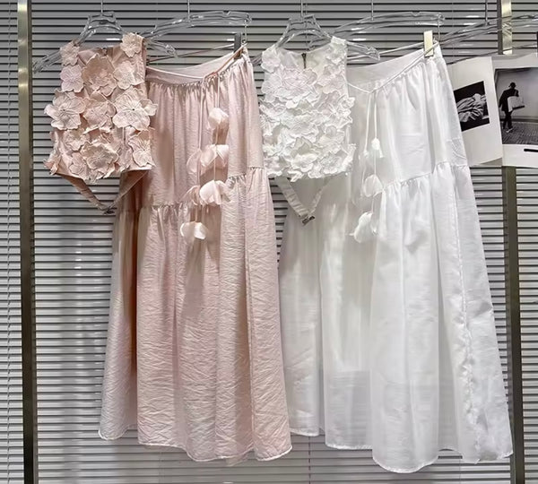 Women Sleeveless Floral Lace Two Piece Maxi Skirt Set