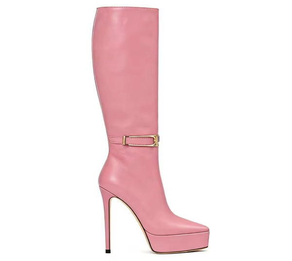 Women Pointed Toe Platform Buckled Knee Length High Heel Boots