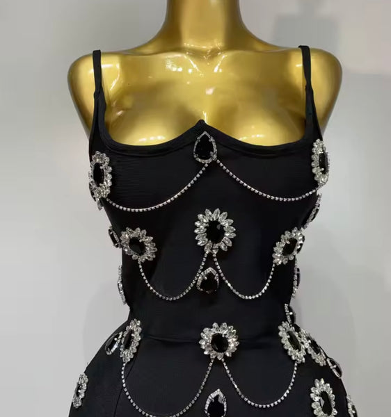 Women Sexy Sleeveless Black Rhinestone Chain Side Split Dress