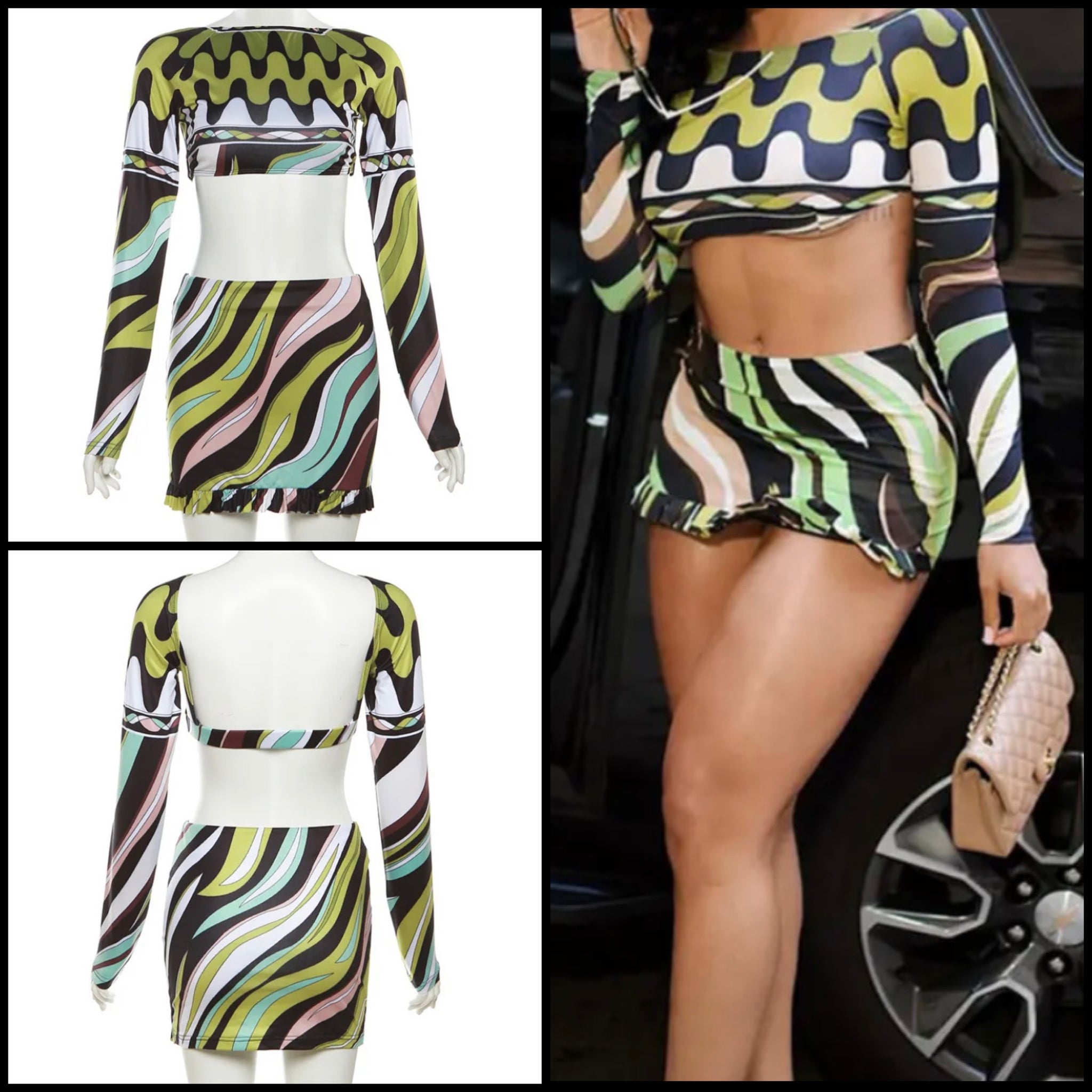 Women Sexy Multicolored Print Full Sleeve Crop Two Piece Skirt Set