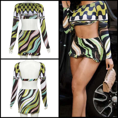 Women Sexy Multicolored Print Full Sleeve Crop Two Piece Skirt Set
