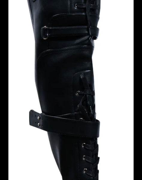 Women Fashion Black Buckled Lace Up Faux Leather Knee High Boots