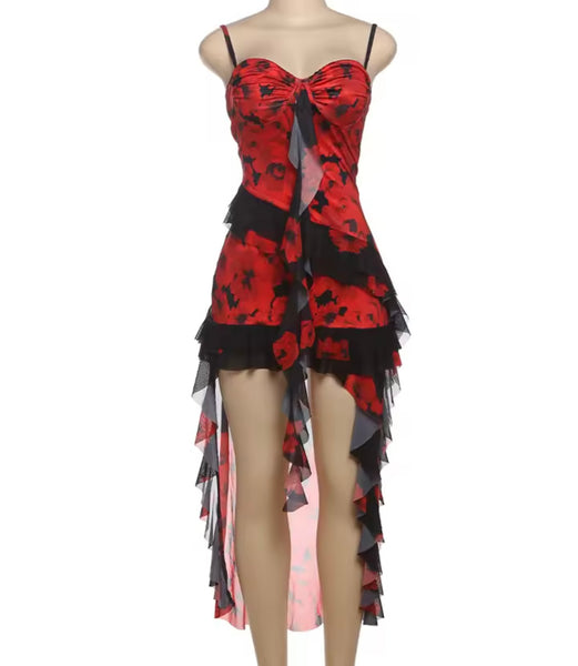 Women Sexy Sleeveless Ruffled Printed Asymmetrical Dress