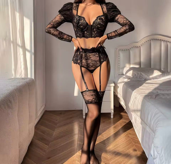 Women Sexy Black Lace Full Sleeve Lingerie Set
