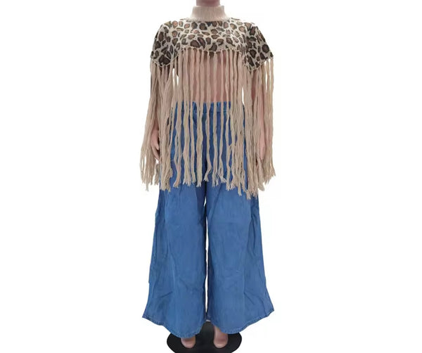 Women Fashion Leopard Print Turtleneck Tassel Top