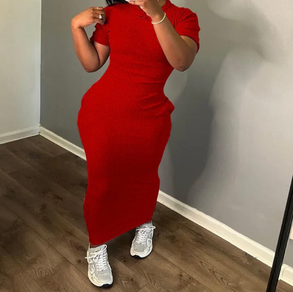 Women Solid Color Short Sleeve Ribbed Sexy Maxi Dress