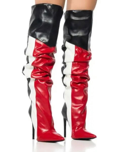 Women Multicolored Striped Fashion Faux Leather Knee High Boots