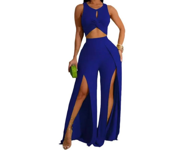 Women Sexy Sleeveless Solid Color Two Piece Front Slit Pant Set