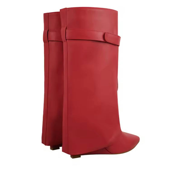 Women Fashion Pointed Toe Front Zipper Wedge Knee High Boots