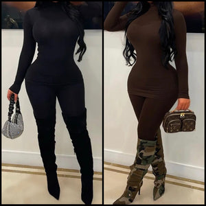 Women Solid Color Turtleneck Full Sleeve Two Piece Fashion Pant Set