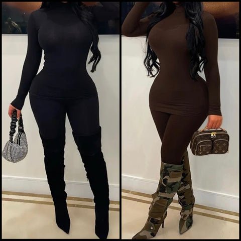 Women Solid Color Turtleneck Full Sleeve Two Piece Fashion Pant Set