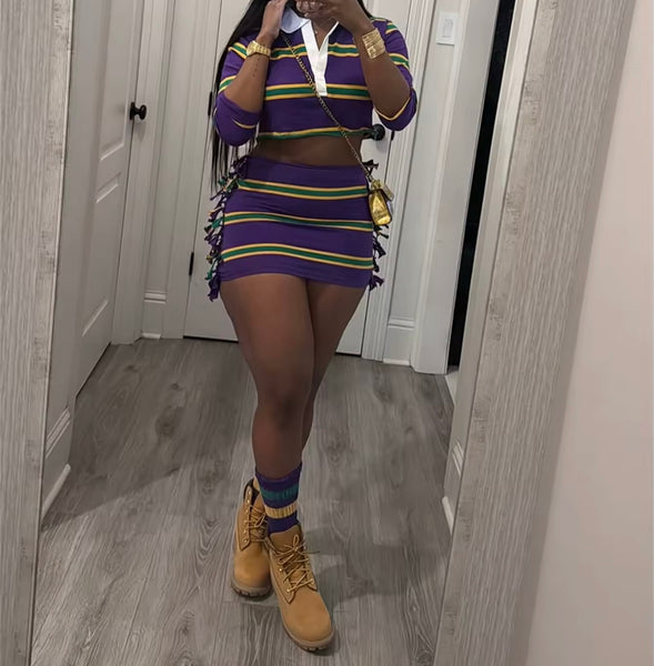 Women Fashion Multicolored Striped Full Sleeve Fringe Skirt Set