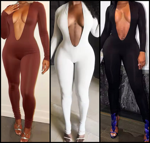 Women Sexy Deep V-Neck Open Back Full Sleeve Jumpsuit