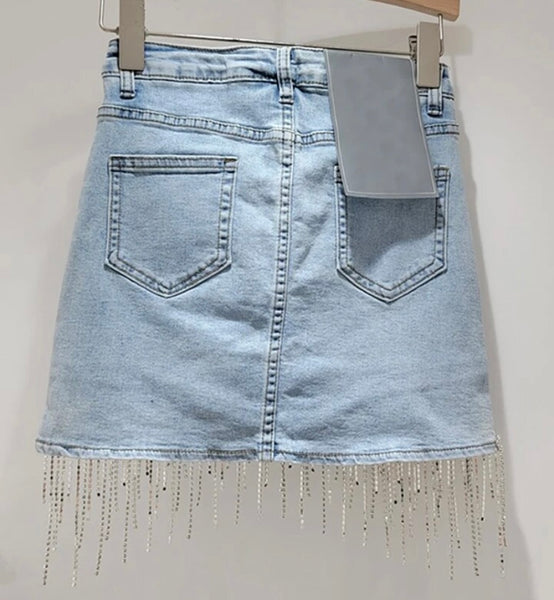 Women Fashion Bling Tassel Denim Skirt