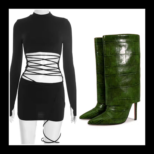 Women Sexy Cut Out Lace Up Full Sleeve Dress