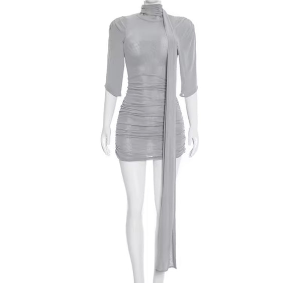 Women Sexy Ruched Mesh Ribbon Dress