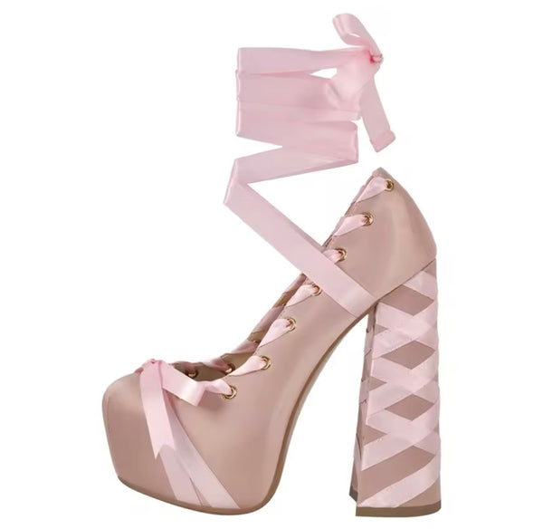 Women Color Lace Up Platform Fashion High Heels
