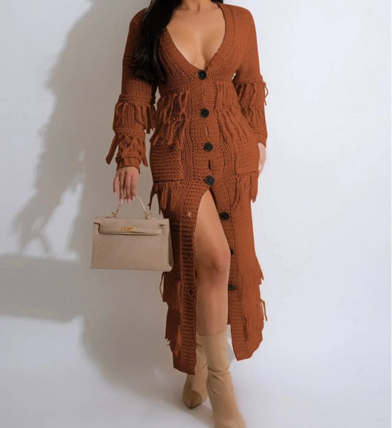 Women Sexy Button Up Full Sleeve Fringe Maxi Dress