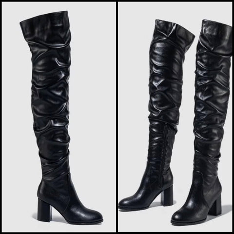 Women Black Faux Leather Ruched Over The Knee Boots
