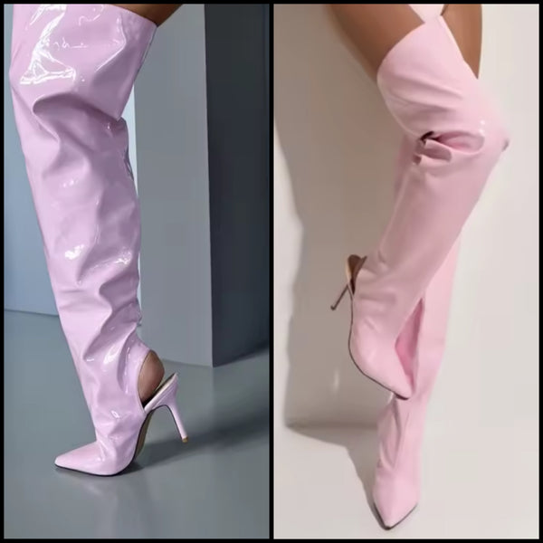 Women Pink PU Leather Fashion High Heel Over The Knee Boots