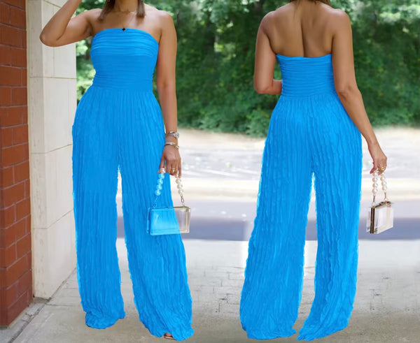 Women Sexy Strapless Color Pleated Jumpsuit