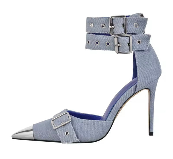 Women Fashion Metal Pointed Toe Buckled Ankle Strap High Heels