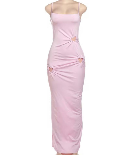 Women Sexy Sleeveless Solid Color Cut Out Heart Maxi Dress