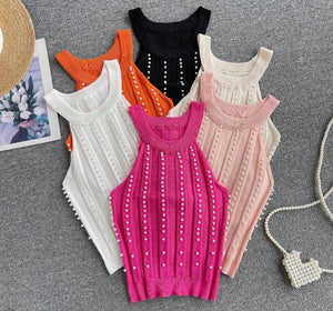 Women Fashion Sleeveless Pearl Crop Top