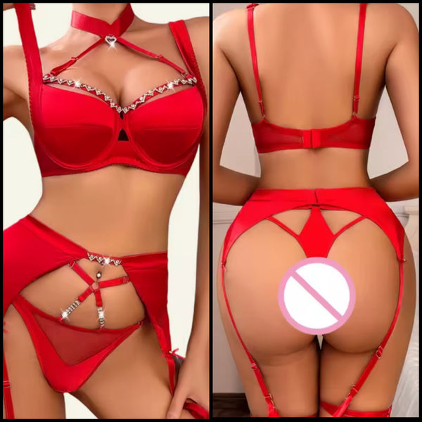 Women Sexy Red Halter Bling Lingerie Set
