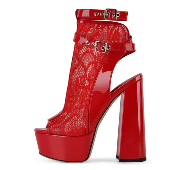 Women Open Toe Lace Patent Leather Platform High Heel Ankle Boots