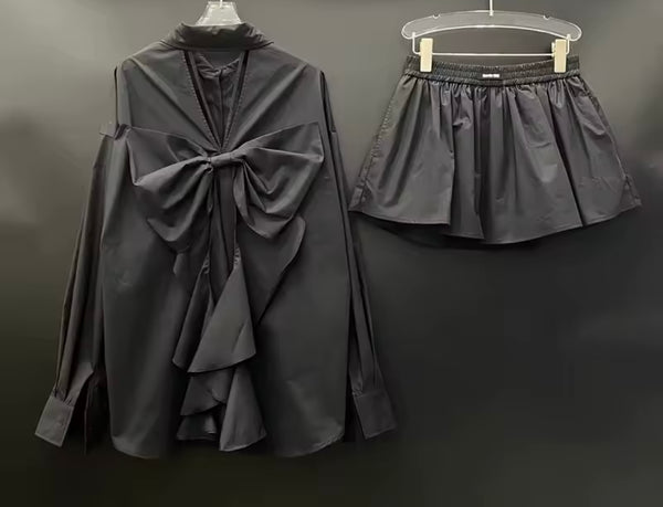 Women Ruffled Bow Full Sleeve Fashion Two Piece Skirt Set