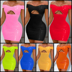 Women Sexy PU Off The Shoulder Cut Out Short Sleeve Dress