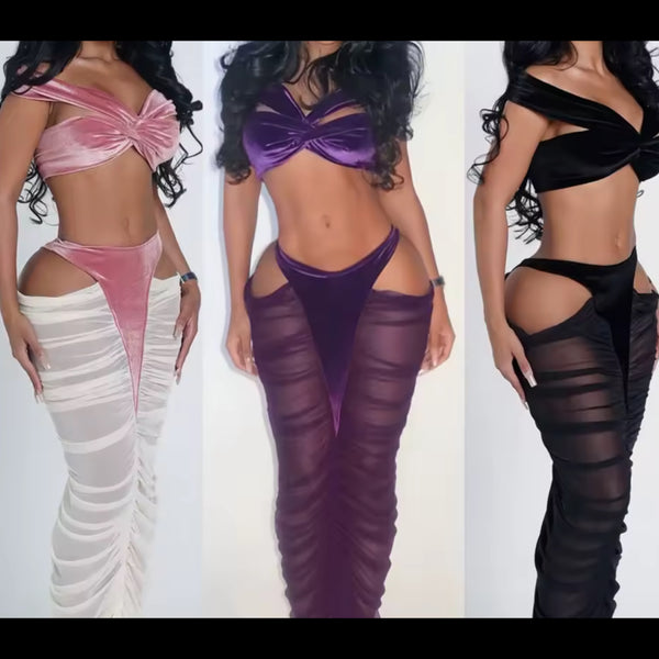 Women Sexy Sleeveless Velour Mesh Ruched Two Piece Maxi Skirt Set