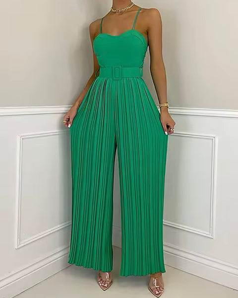 Women Sleeveless Solid Color Fashion Pleated Jumpsuit