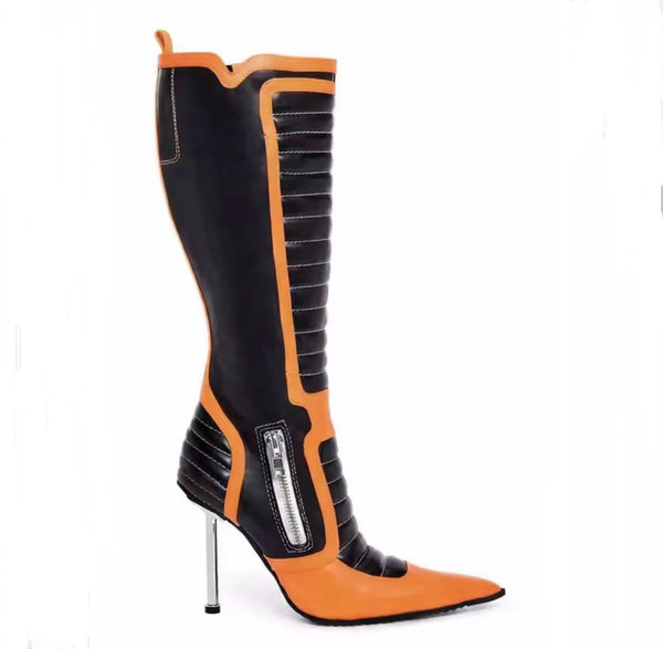 Women Color Patchwork Pointed Toe Knee High Boots