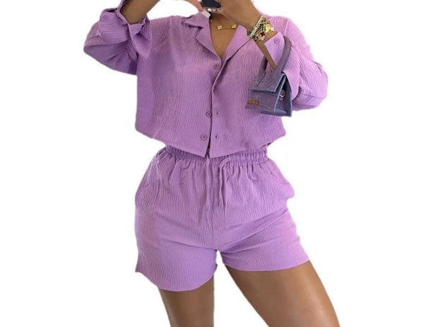 Women Button Up Full Sleeve Fashion Two Piece Short Set