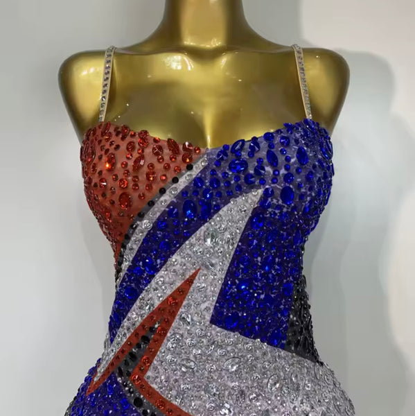Women Sexy Color Patchwork Rhinestone Sleeveless Dress