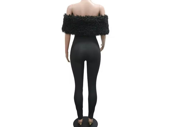 Women Black Feather Off The Shoulder Fashion Jumpsuit
