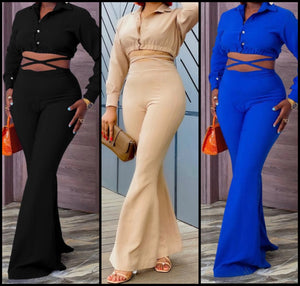 Women Button Up Full Sleeve Tie Up Crop Two Piece Pant Set