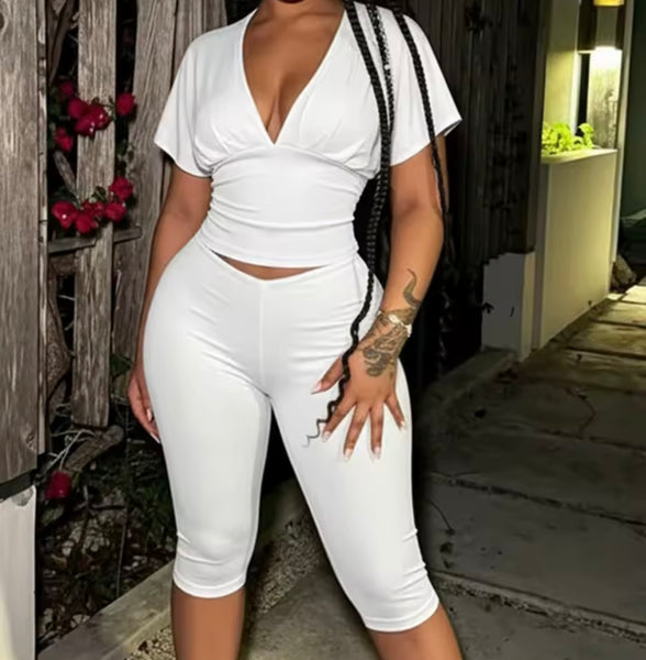 Women V-Neck Short Sleeve Crop Two Piece Capri Pant Set